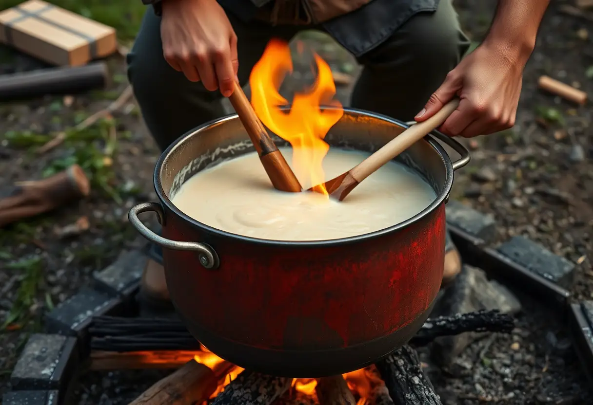 Des mains mélangeant une grande marmite sur un feu de camp extérieur, les flammes réchauffent la mixture.