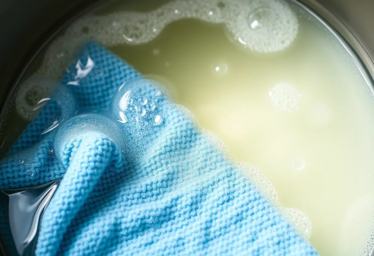 Un gant de toilette trempant dans un bol de savon liquide, bulles doucement montantes