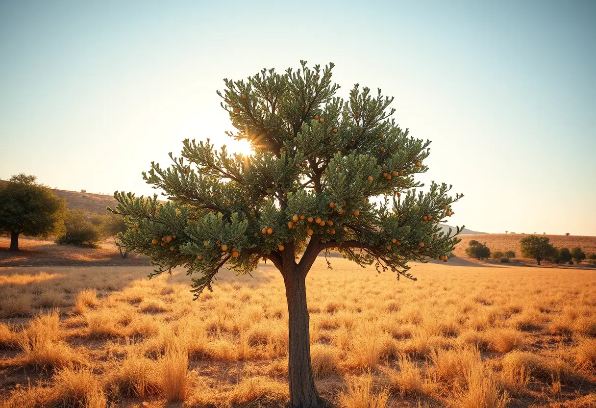 Un arbre à argan sous un soleil couchant, évoquant la durabilité et la richesse de la tradition.