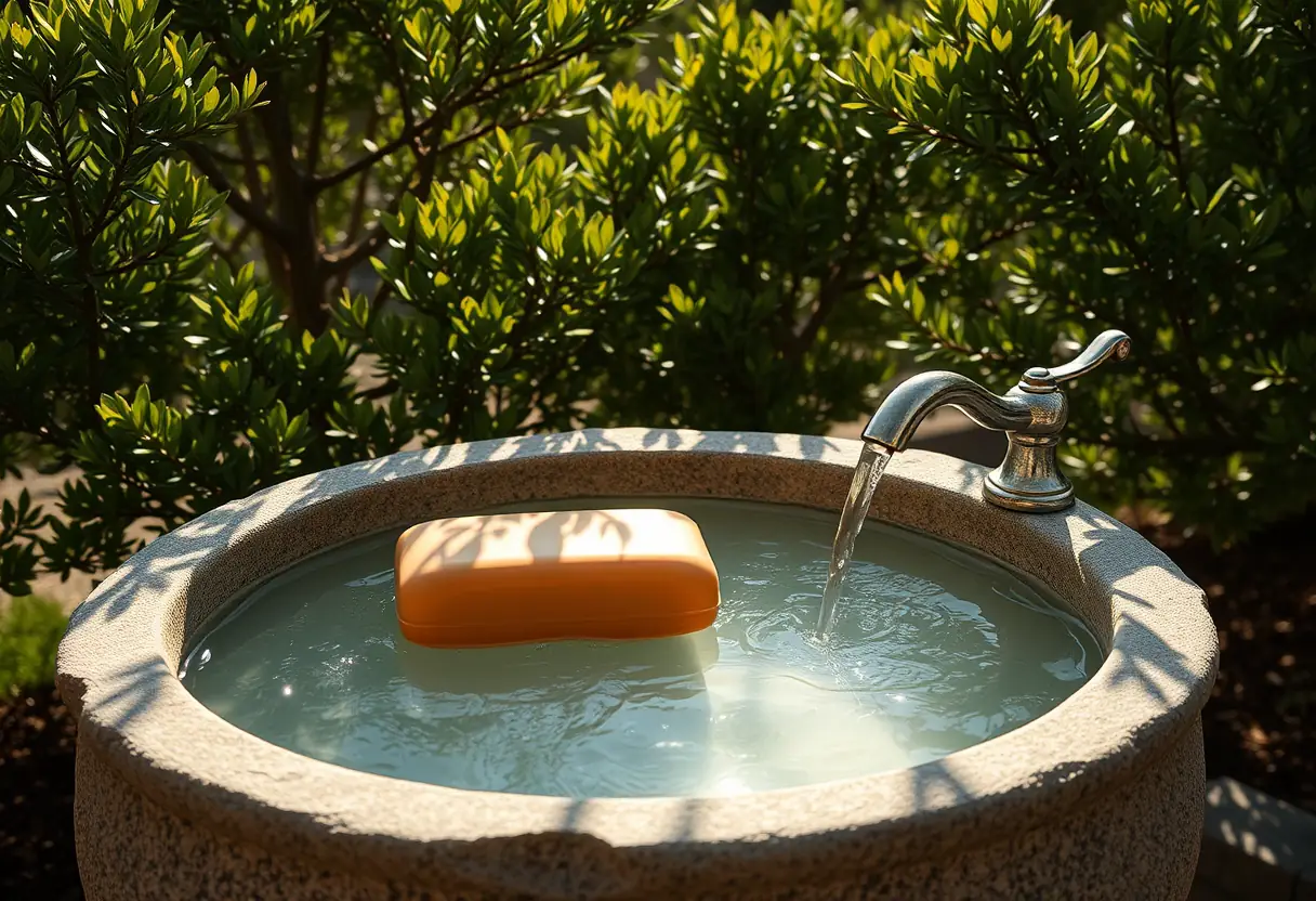 Un grand bassin en pierre rempli d'eau fraîche avec un savon d'Alep, entouré d'arbres de laurier.