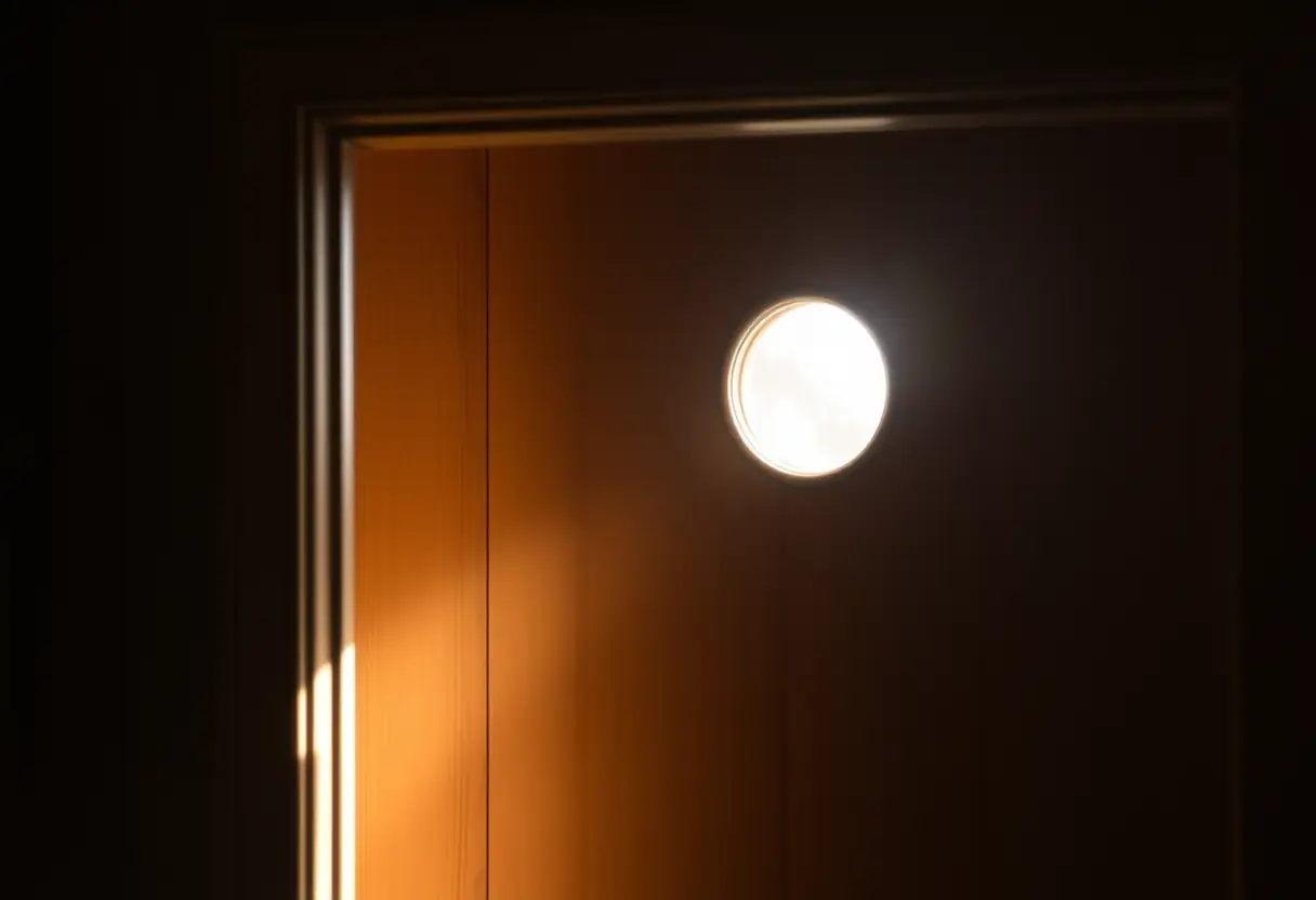 Un chambranle de porte en bois avec un petit judas à travers lequel filtre une lueur douce