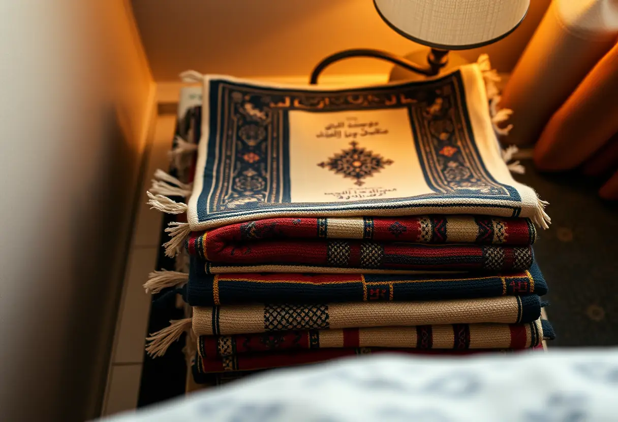 Vue d'ensemble de tapis de prière pliés dans un coin de chambre, éclairés par une lampe posée près d'eux