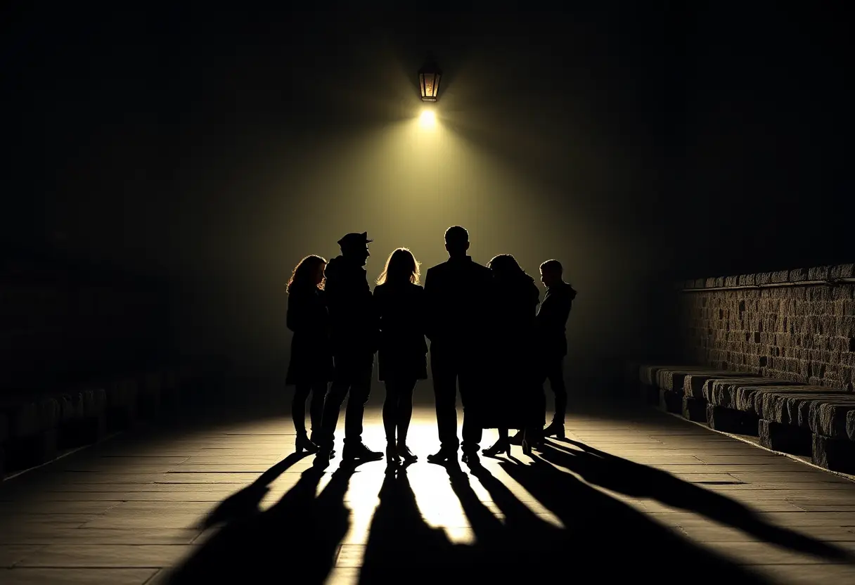 Silhouettes de personnes se tenant dans une cour calme, éclairées par une lanterne pour la prière de Tarawih