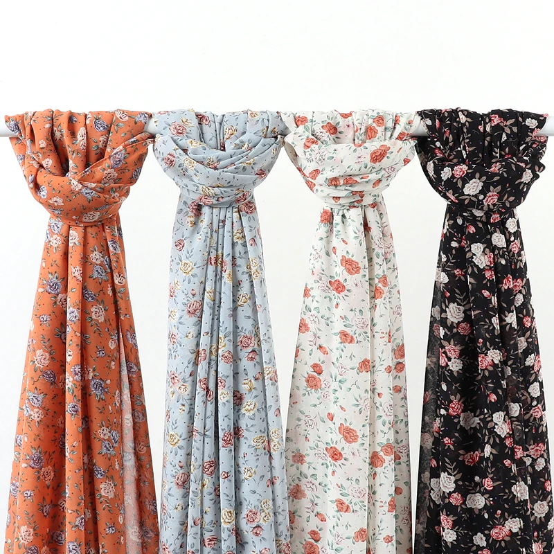 Écharpe en mousseline de soie à imprimé floral pour femmes, 70*180cm, douce, légère, longue, châle, hijab, foulard