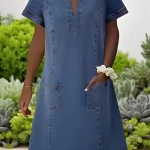 Robe en jean pour femme, style streetwear, col en V, manches courtes, poches, coupe trapèze, vintage, effet usé, lavée, été, LYQ603122