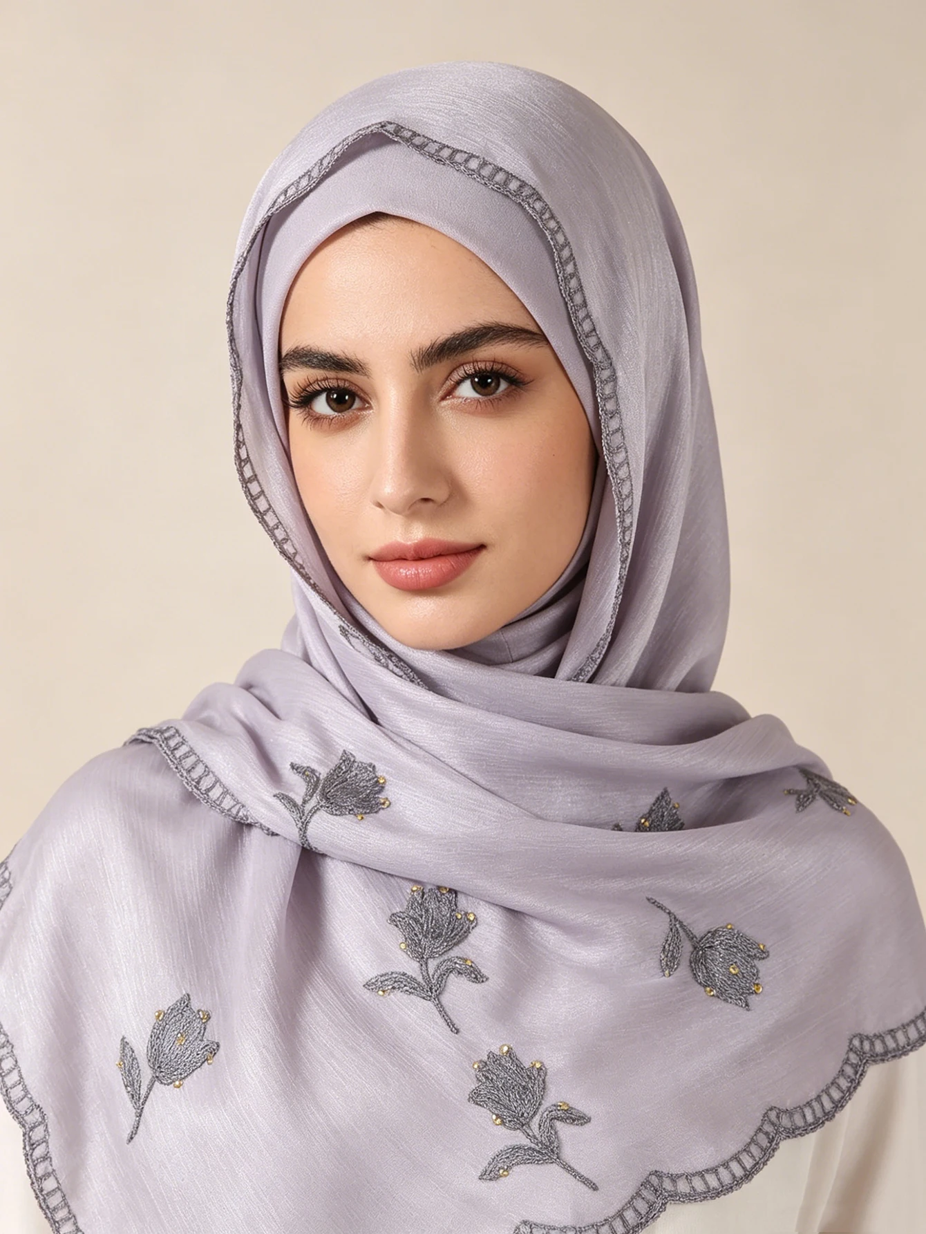 Hijab islamique brodé floral 90*90cm pour femmes, foulard léger en tissu froissé uni, hijab scintillant