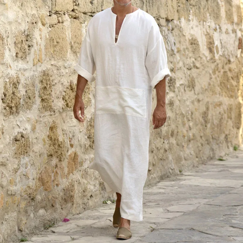 Hommes lin doux Robes musulmanes Abaya dubaï arabe robe islamique vêtements caftan Jubba Thobe Qamis Homme Islam Costumes traditionnels $