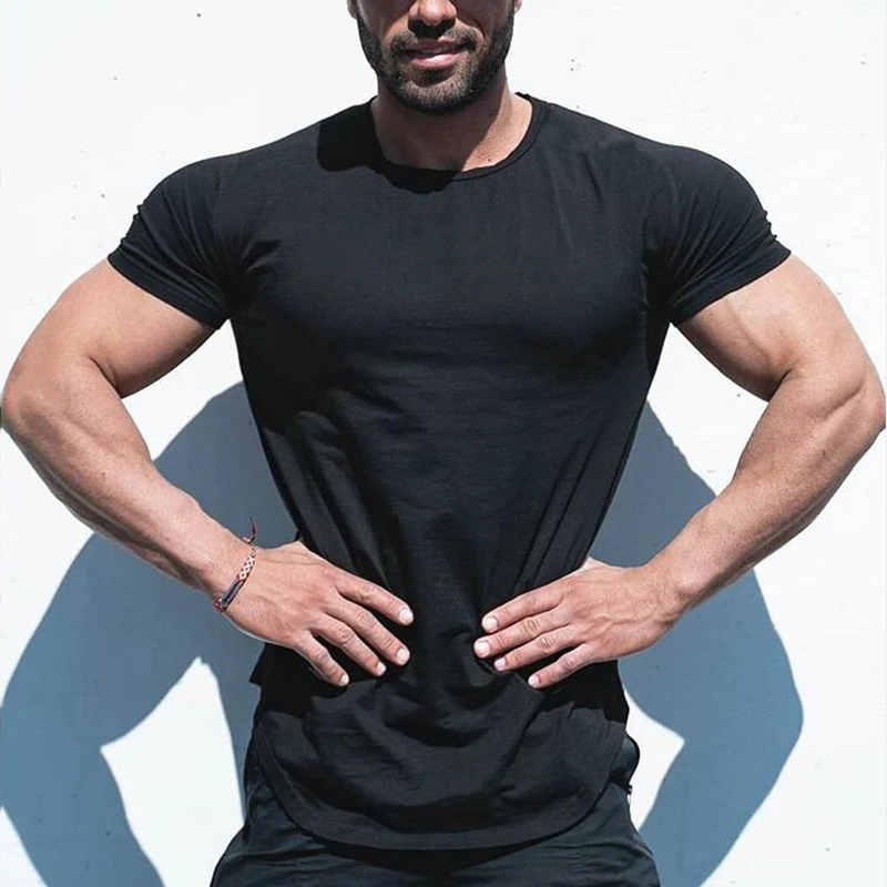 T-shirt uni à manches courtes pour homme, vêtement en coton, respirant, serré, à la mode, pour fitness, gym, été