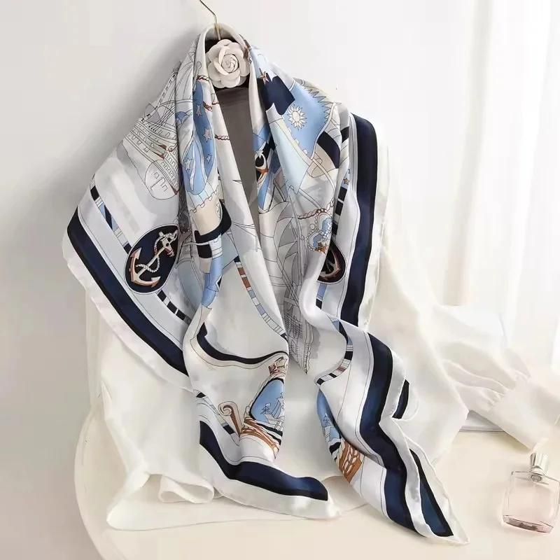 Grand foulard carré en soie 90x90cm pour femme – Foulard de tête en satin inspiré des créateurs de luxe, châle polyvalent, écharpe de cou et hijab