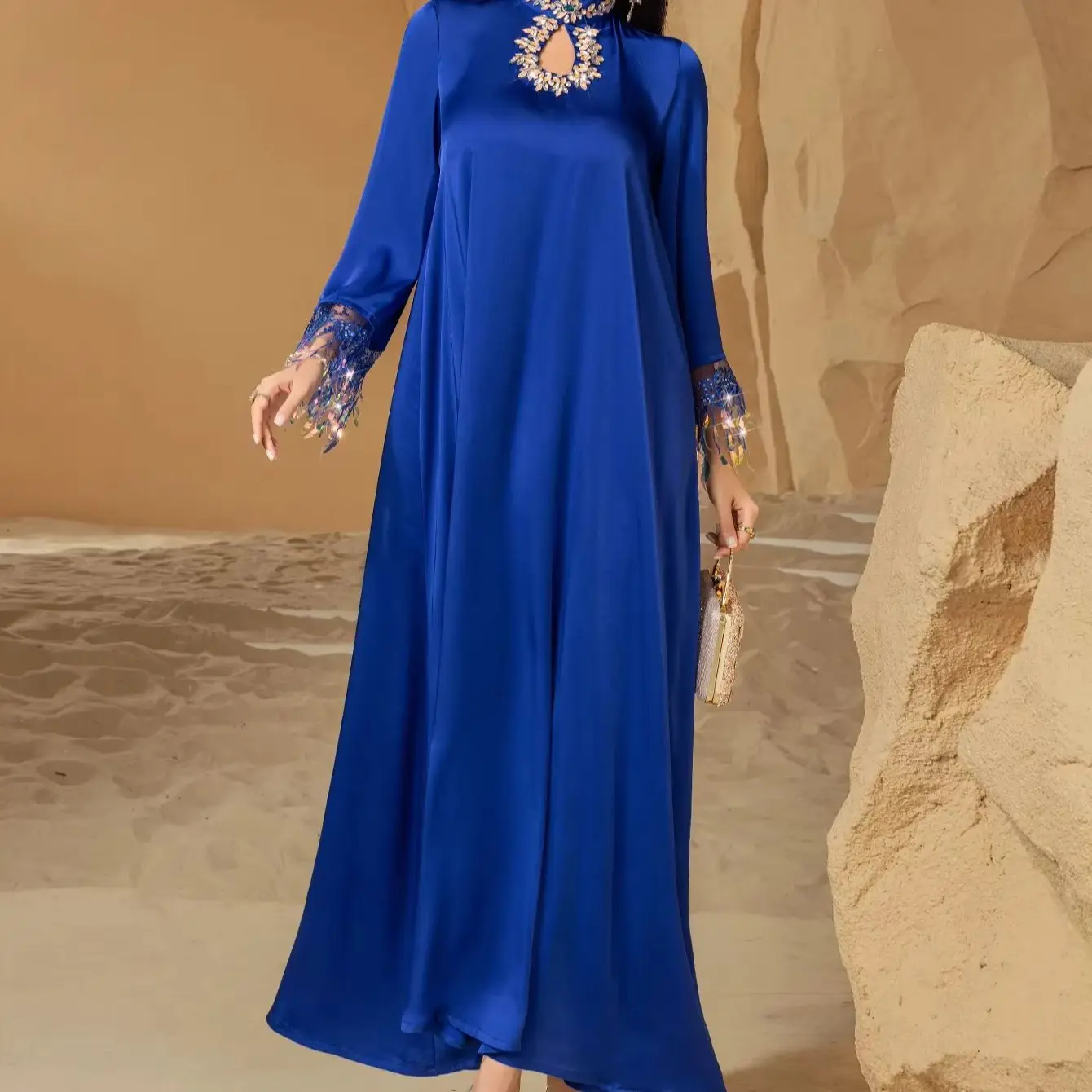 Luxe Satin diamants Abaya Jalabiya dubaï caftan Robe musulmane pour les femmes Eid Djellaba Ramadan Islam vêtements Robe Kebaya Robe