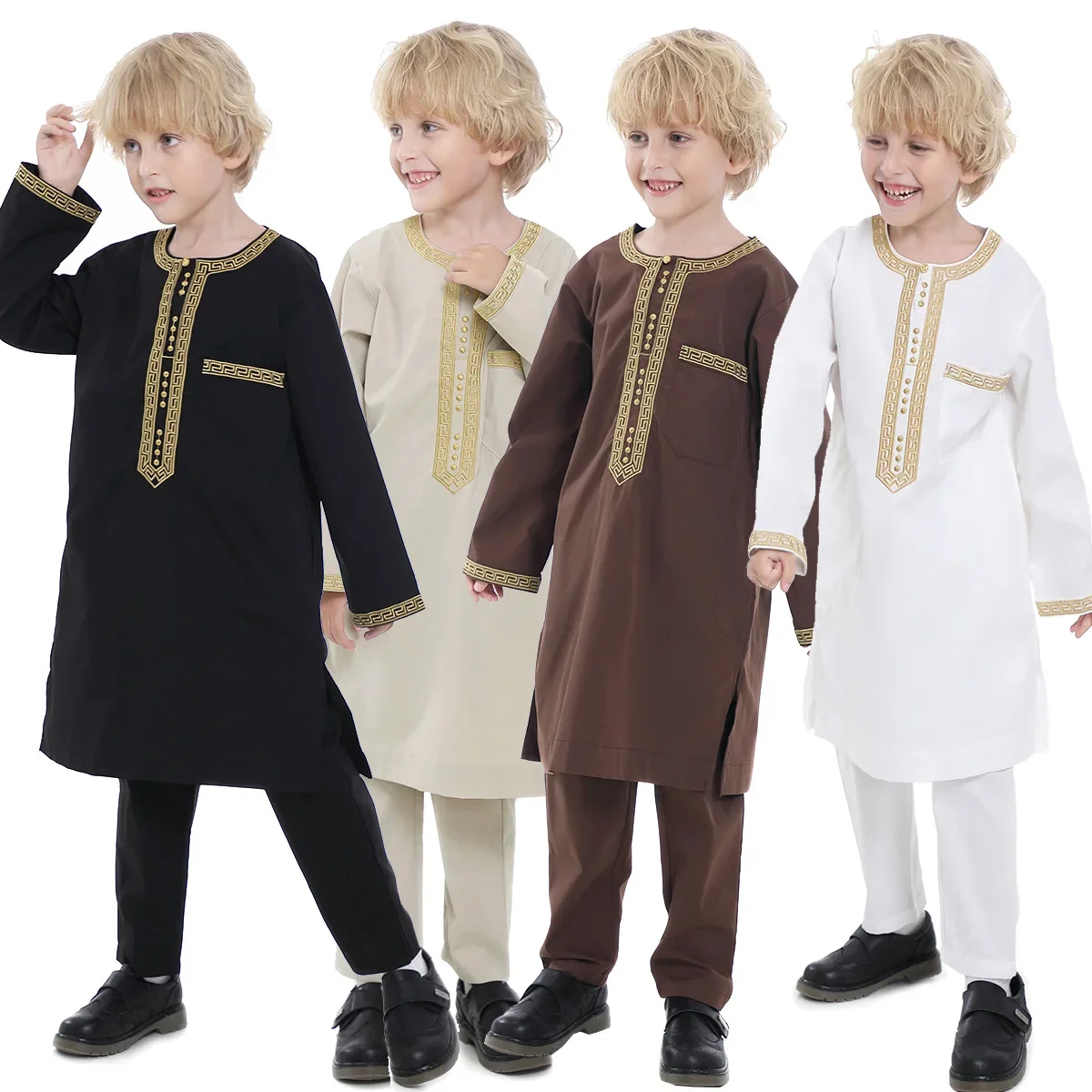 Robe musulmane pour enfants, ensemble 2 pièces, col rond, manches longues, robe imprimée, chemise, Abaya, Kaftan, Jubba, Thobe, vêtements islamiques