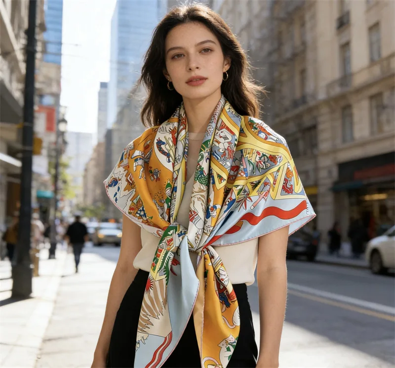 Foulard en soie 135 cm, châle à bords roulés à la main, bandanas, grands châles, accessoires été-printemps, cadeau, imprimé cheval