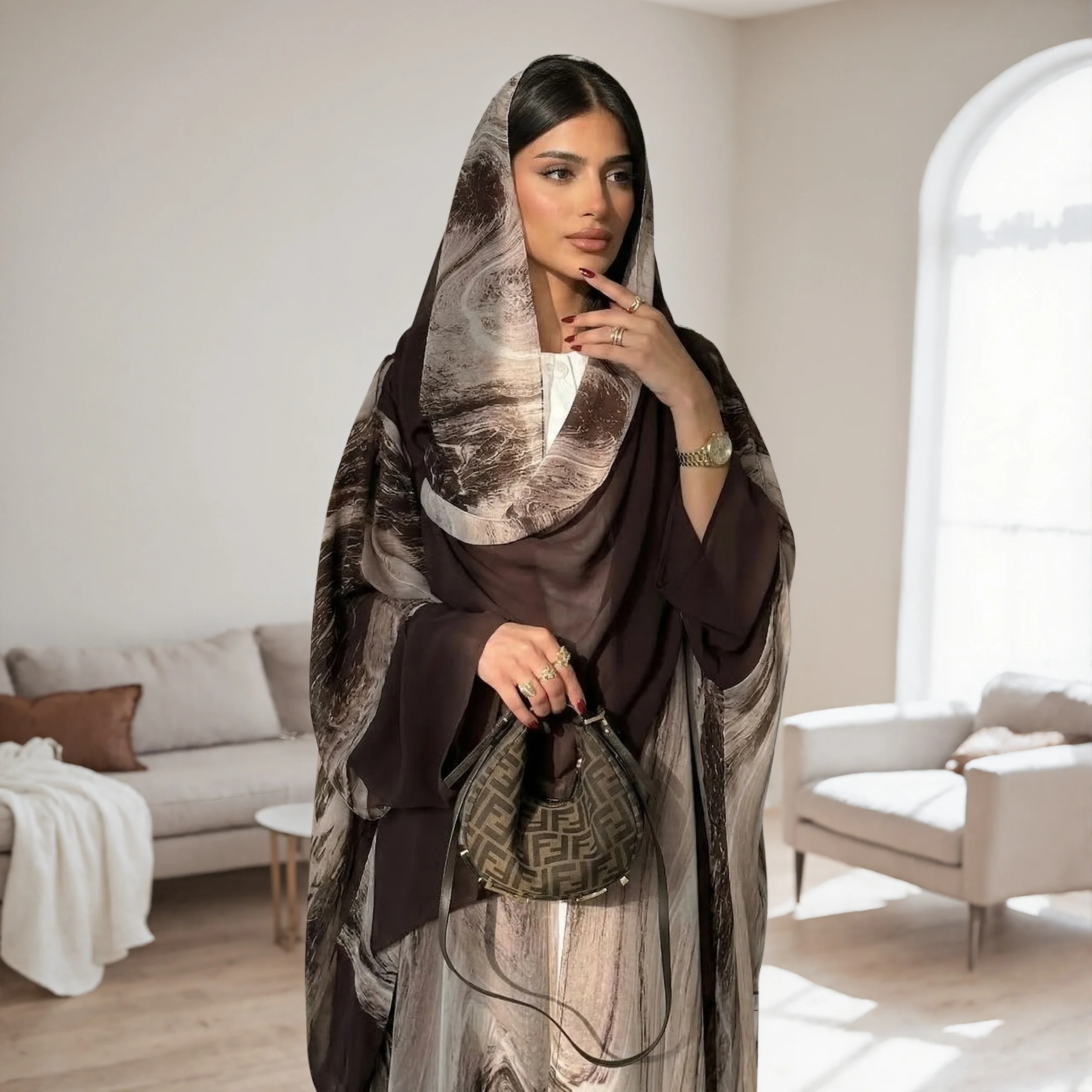 Ensemble Abaya en Chiffon Imprimé 2 pièces |   Kaftan long décontracté pour femmes musulmanes, à col ouvert, avec hijab assorti