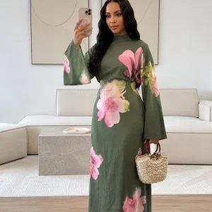 Robe Abaya Florale d&rsquo;Été pour Femme avec Ceinture à Nouer Manches Longues Élégante Modeste Kaftan Musulman Tenue de Luxe Dubaï pour l&rsquo;Aïd 2026