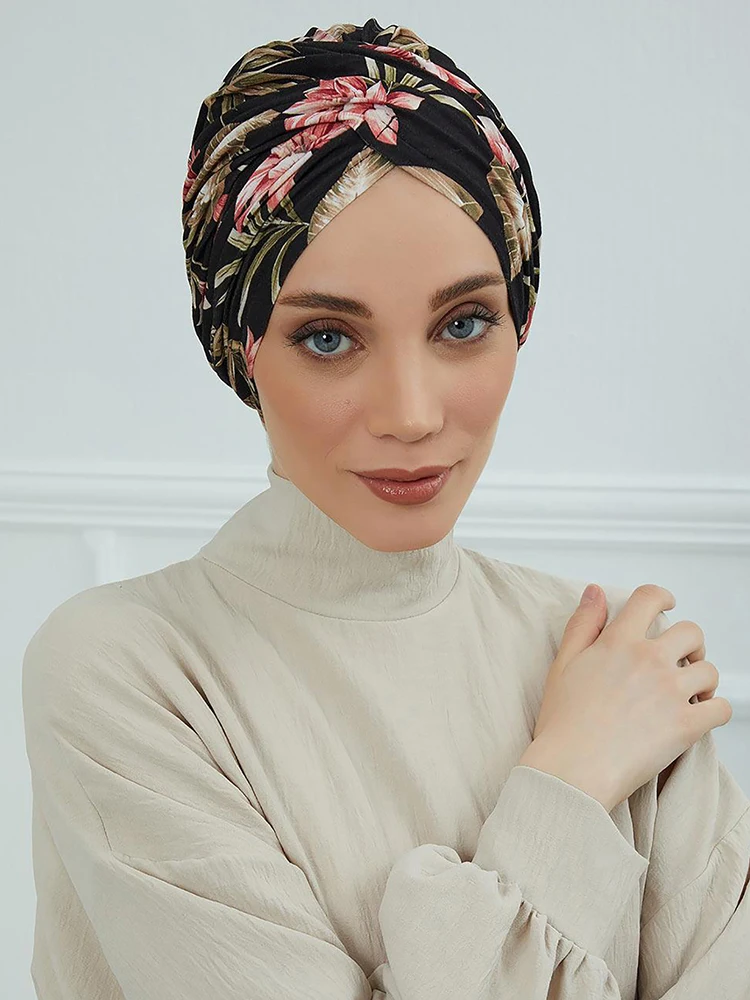 Turban instantané à fleurs pour femmes musulmanes, casquette Hijab islamique de turquie, couvre-chef arabe, écharpe de tête, accessoires pour cheveux, chapeau
