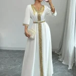 Robe Kaftan Abaya pour femme, vêtements de printemps pour femme, robe maxi élégante à col en V, manches trois quarts, polyester, coupe ample, fluide