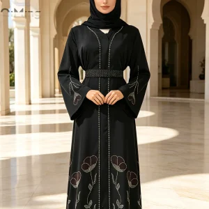 Abaya de Luxe Noire pour Femmes Musulmanes QiMing, Kaftan de Dubaï avec Strass, Jalabiya Marocaine Florale Modeste, Ceinture Élégante, Robe de Soirée Islamique