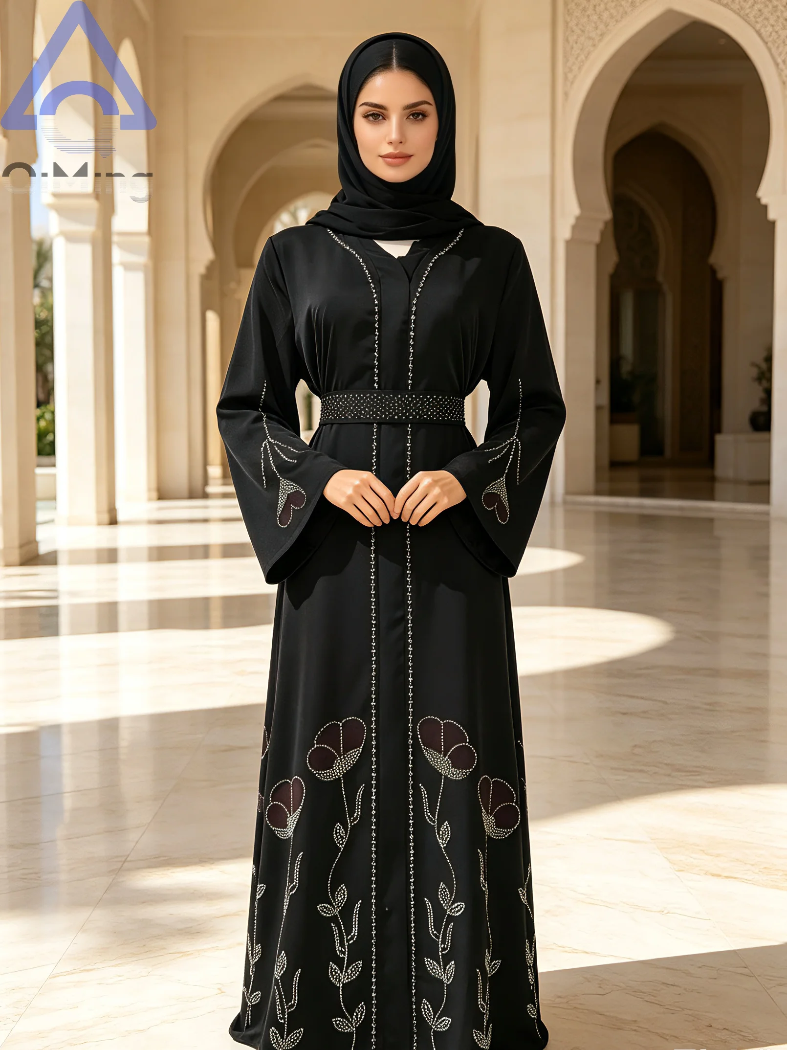 Abaya de Luxe Noire pour Femmes Musulmanes QiMing, Kaftan de Dubaï avec Strass, Jalabiya Marocaine Florale Modeste, Ceinture Élégante, Robe de Soirée Islamique