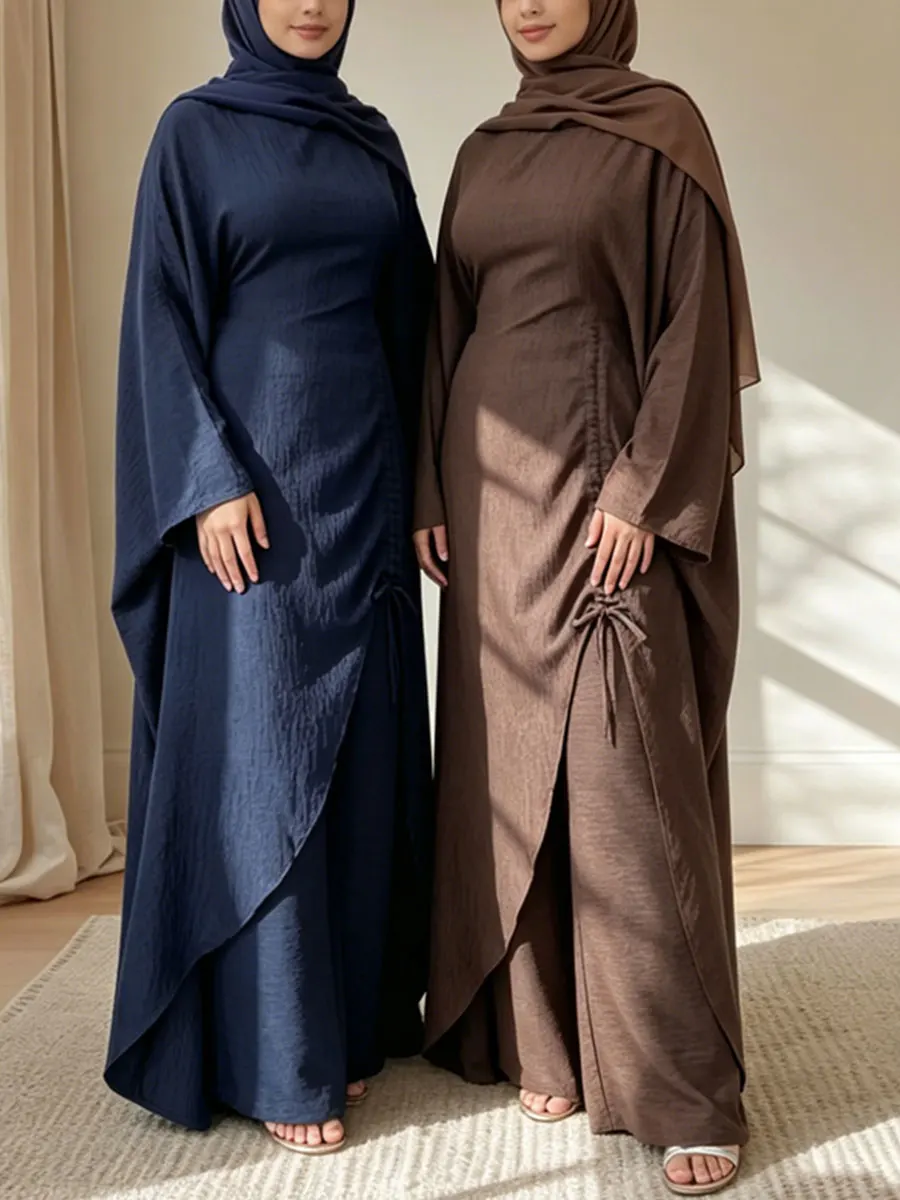 Ensemble Abaya Modeste 2 Pièces, Robe Kaftan Longue Fendue à Volants et Pantalon à Jambes Larges, Tissu Plissé, Tenue pour Femmes Musulmanes