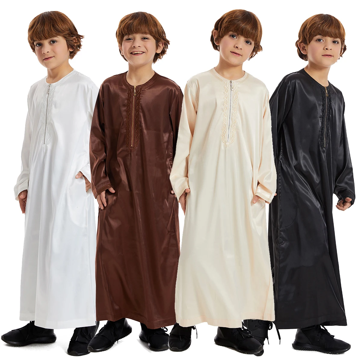 Abaya-Robe longue pour enfants musulmans, pour Ramadan, Jubba, Thobe de prière, pour garçons, caftan islamique, col rond, pour caftan, dubaï, arabe