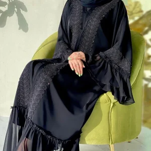 Abayas noires musulmanes avec ceinture pour femmes, Djellaba marocaine, Dubaï, manches évasées brodées, dentelle, Eid, Islam