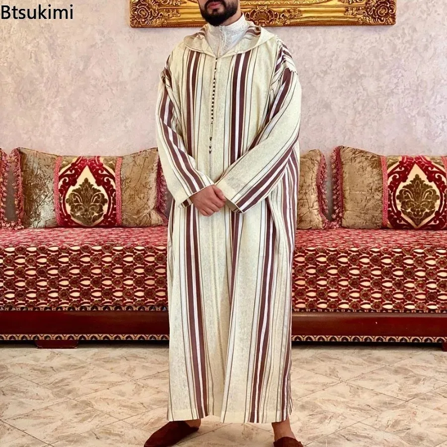 Vêtements islamiques décontractés à rayures rouges pour hommes, sweat à capuche musulman, vêtements Jubba Thobe, Ramadan Abaya, Dubaï, Turquie, printemps, automne, nouveau