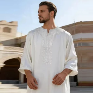 Qamis blanc brodé marocain pour hommes musulmans, abaya islamique ample pour les fêtes, robe longue arabe pour homme