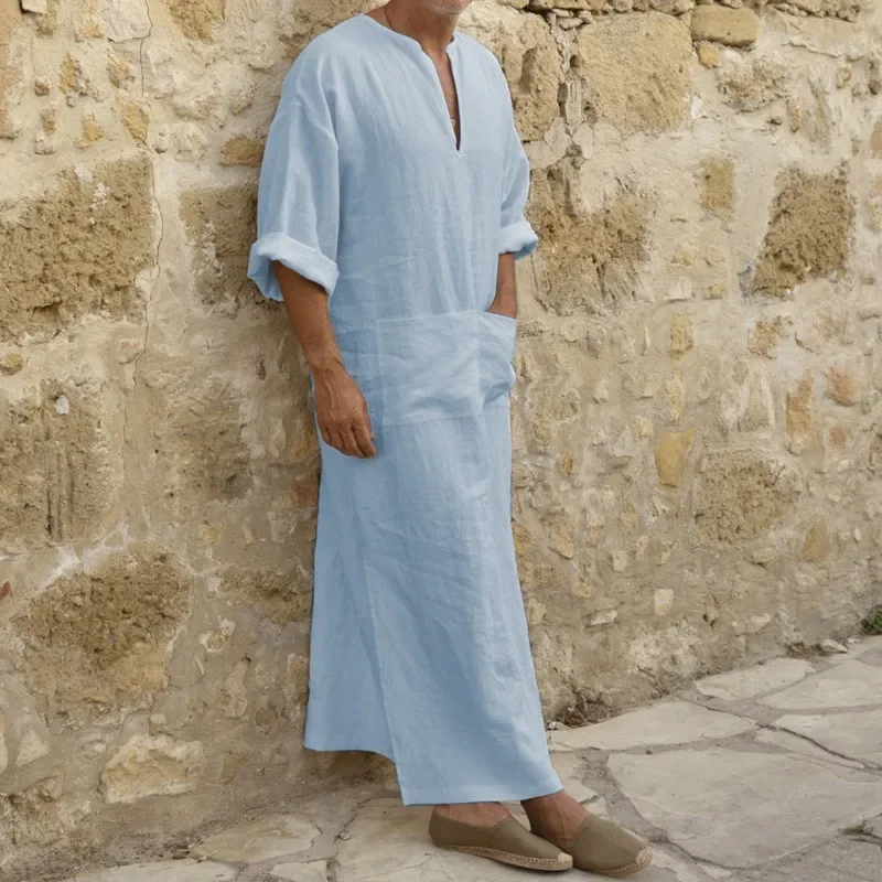 Nouveaux hommes Jubba Thobe caftan musulman arabe islamique col en v à manches courtes solide coton lin Robes mode musulmane arabie homme abaya