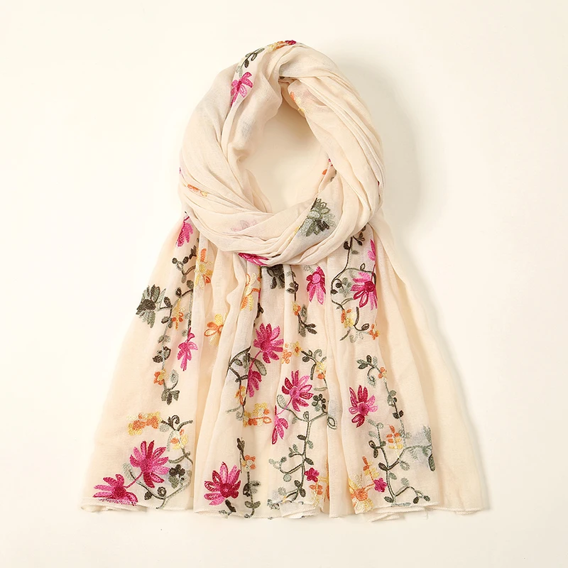 Écharpe Hijab Brodée de Fleurs Unies pour Femme, Châles en Viscose Musulmane, Serviette Longue et Douce, Élégante et Décontractée