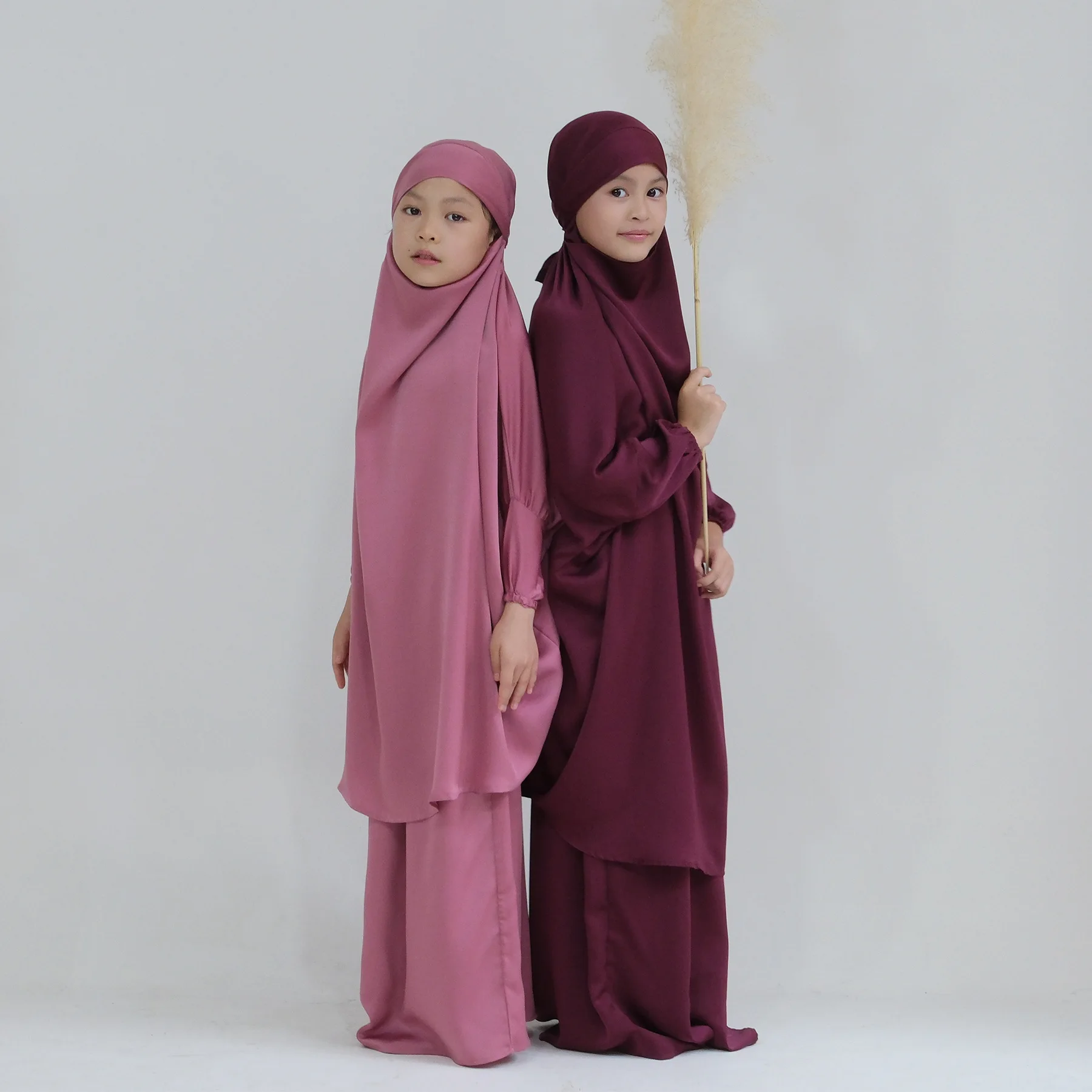 Eid Ramadan musulman enfants filles Hijab robe à capuche Khimar jupe Abaya prière vêtement islamique couverture complète Burqa Niqab 2 pièces – Image 4