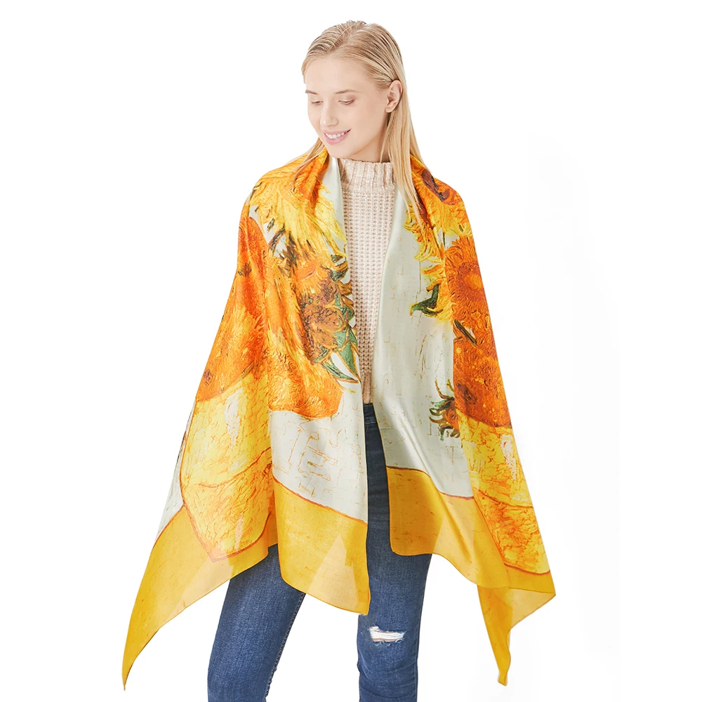 Foulards de printemps en soie pour femmes, imprimé numérique, châles de tournesol, Foulard de luxe de styliste, enveloppes Van Gogh, peinture à l&rsquo;huile, Hijab