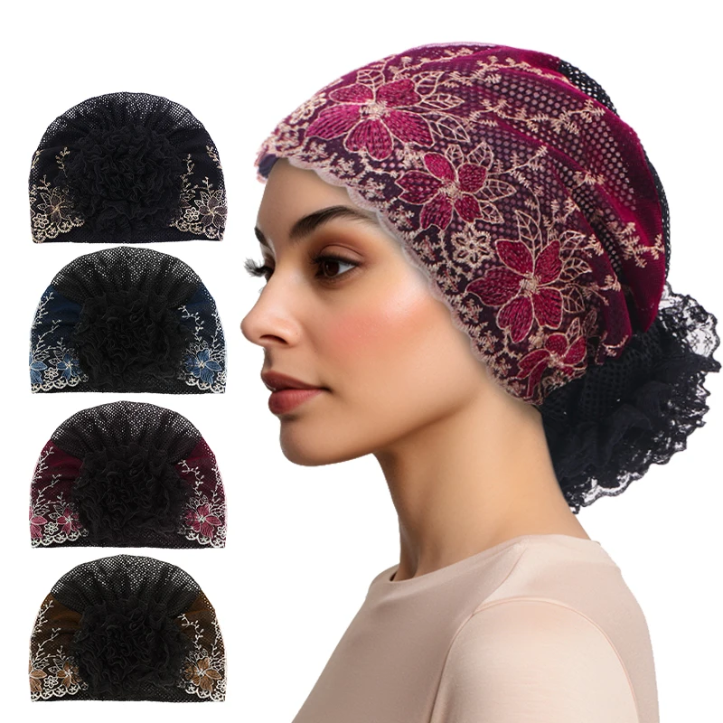 Nouveau femmes élégant broderie dentelle florale Turban casquette couvre-chef foulard chapeau musulman islamique chapeaux Bonnet intérieur Hijabs