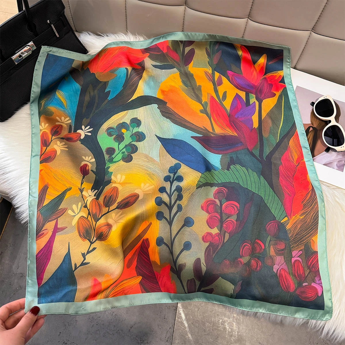 Nouvelle Écharpe d&rsquo;Été 2026 pour Femme, Motif Huileux, Foulard Carré en Soie Imitée, Bandeau Cheveux, Bandana, Foulard de Cou, Bandeau de Tête