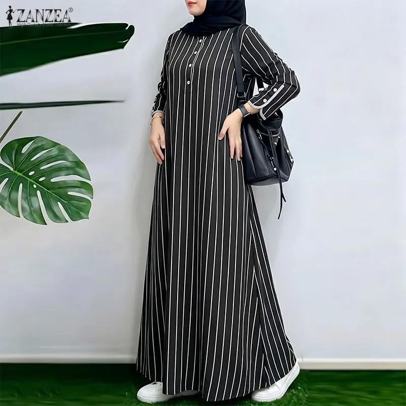 Robe longue rayée modeste musulmane pour femme, décontractée, ample, col rond, manches longues, avec bordure contrastante, Abaya, Kaftan islamique ZANZEA pour Hijabis