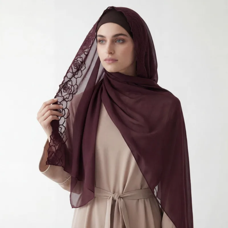 Nouveau Hijab en Chiffon Brodé de Roses Florales 2026, 70×180cm, pour Femmes Musulmanes, Foulard Islamique de Luxe Africain, Ramadan Aïd