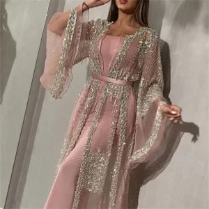 Abaya de luxe de Dubaï, ensemble deux pièces, robe longue en satin avec manches en tulle ornées de strass, ceinturée, pour invitée de mariage ou soirée, style kaftan