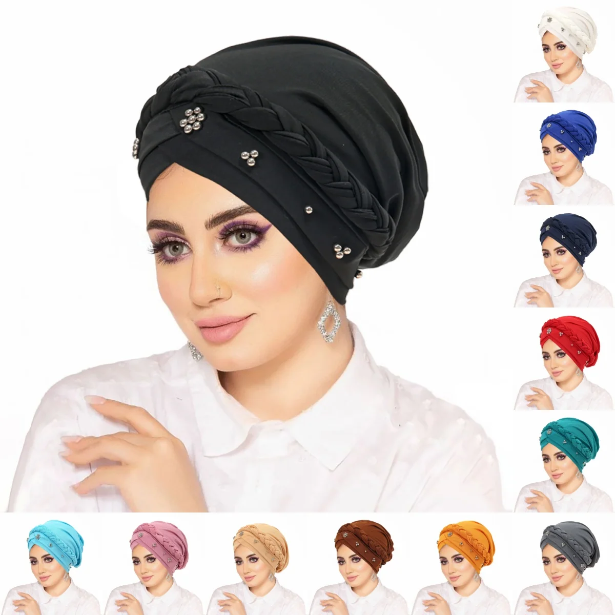 Foulard de tête pour femmes musulmanes couleur unie Turban Bonnet Hijab casquettes perles intérieur Hijabs Femme Musulman arabe Wrap Turbantes