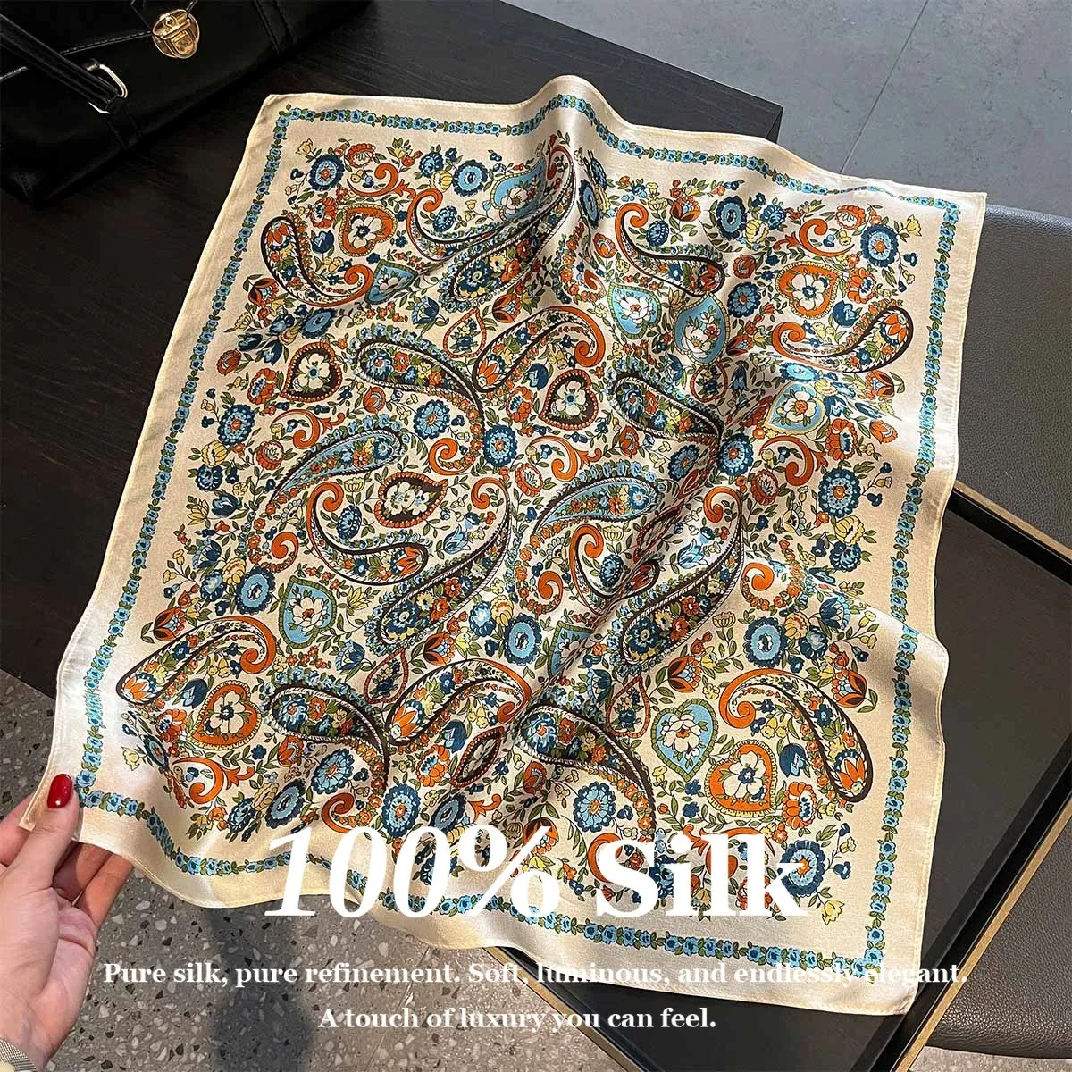Écharpe d&rsquo;été 100% Soie Véritable pour Femme, Foulard, Bandana, Bandeau pour Cheveux, Hijab, Écharpes Paisley, Châle, Bandeau de Stewardesse