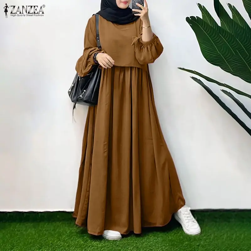 Robes maxi à superpositions pour femmes musulmanes, col rond, manches longues, couleur unie, robes amples Abaya, vêtements islamiques ZANZEA pour le Ramadan