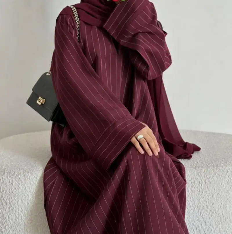 Robe Abaya pour femme, Kaftan Jalabiya, tenue de fête à rayures, vêtement musulman ample à col en V, caftan uni, robe longue
