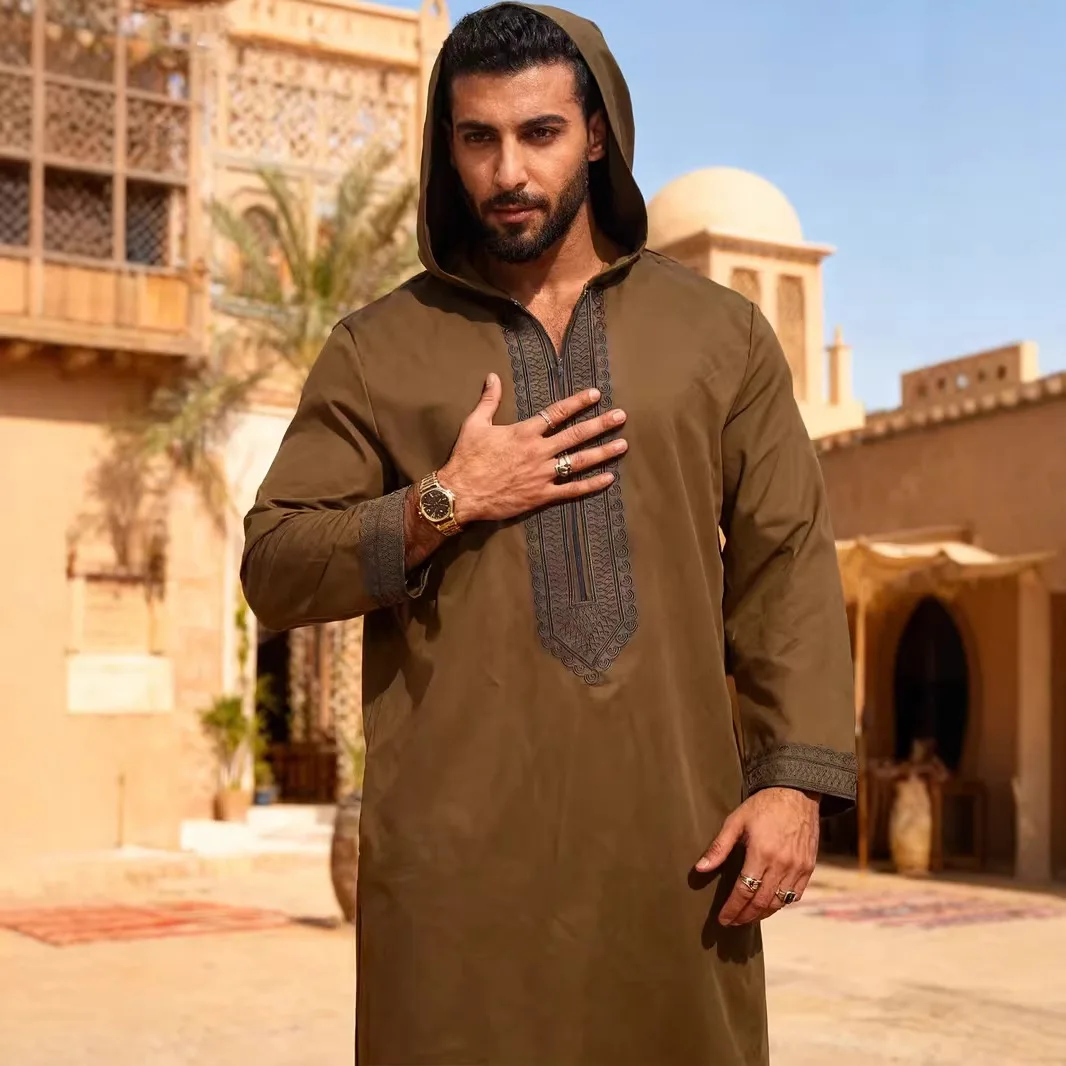 Robe longue pour homme, style Jubba Thobe, brodée, à capuche, Abayas, style Moyen-Orient, musulmane, unie, modeste, Maroc, Dubaï, avec empiècements, printemps, décontractée