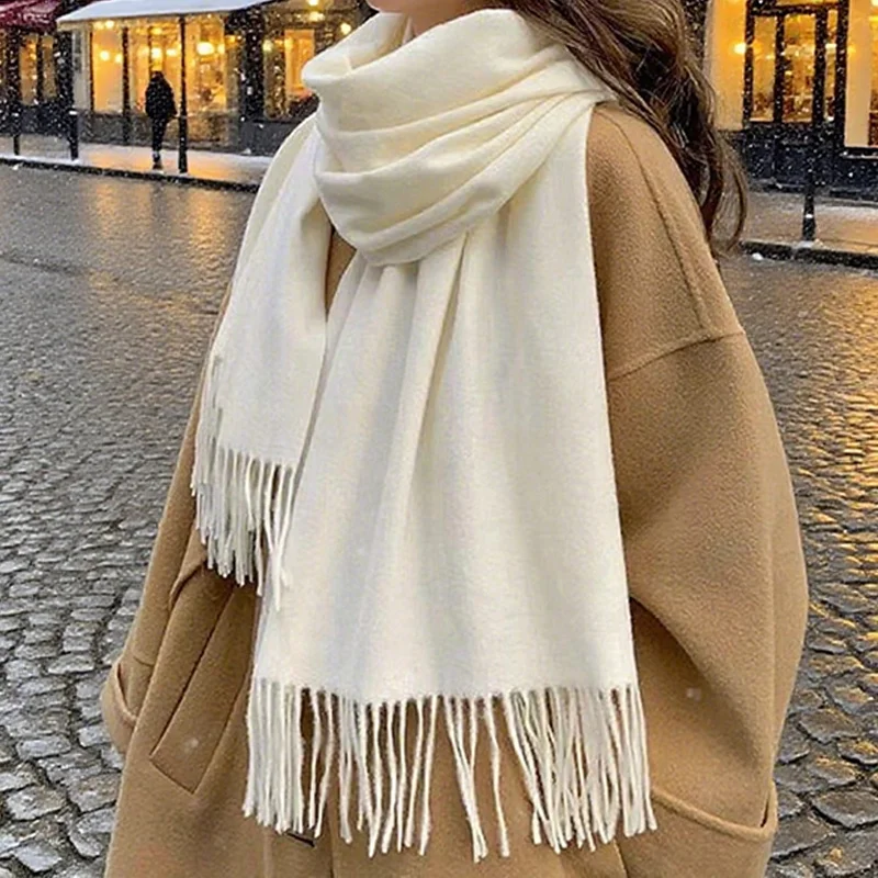 Écharpe blanche à pompons pour femme! Châle épais et chaud, design couleur unie, chaleur du cou, adapté aux temps froid et à un usage quotidien