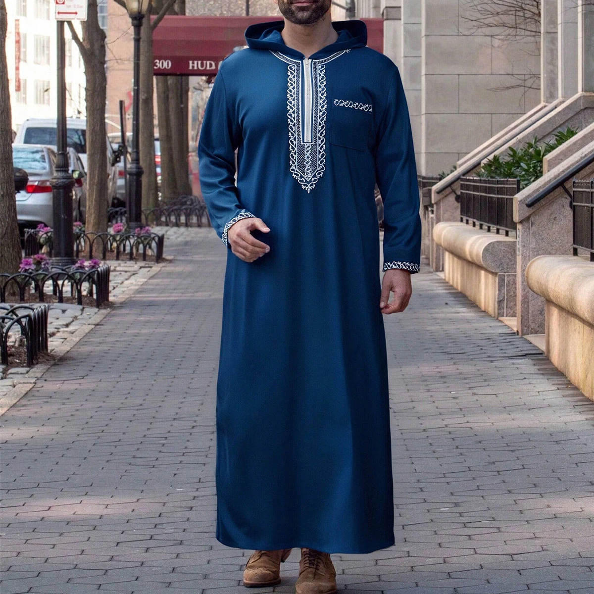 Robe marocaine à capuche de luxe pour homme, manches brodées, poche longue, vêtement musulman, Abaya, Juba, Thobe, Robe du Moyen-Orient