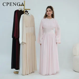 Abaya Kaftan de Luxe de Dubaï pour Femme, Robe de Soirée et de Mariage Modeste à 2 Couches en Mousseline Plissée à Manches Longues avec Corset et Taille Lacée