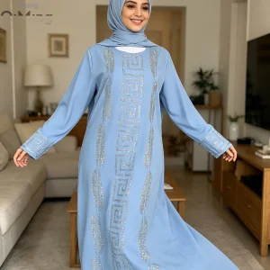Abaya élégante pas chère pour femme, robe musulmane traditionnelle africaine en 2 pièces avec strass, robe bleue de Dubaï, taille plus, jalabiya marocaine