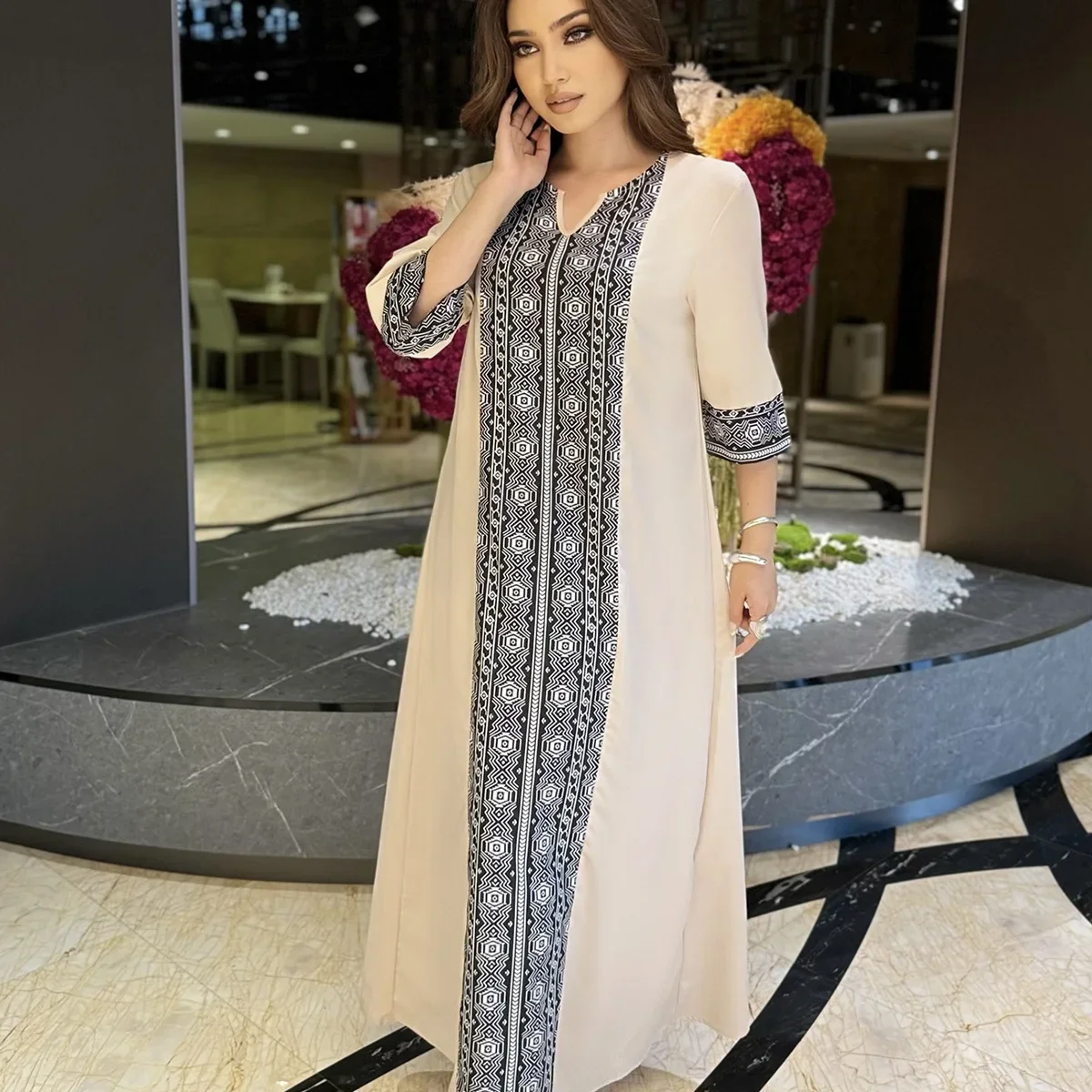 Robes Maxi musulmanes pour femmes, robe Hijab élégante, imprimée Ayabas, demi-manches