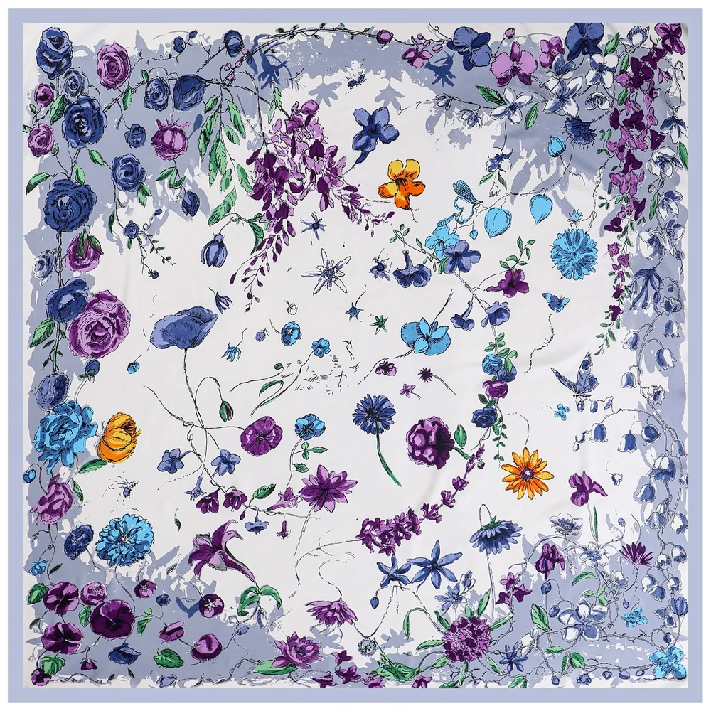 Foulard en Soie de Luxe 130x130cm pour Femme, Grand Châle Imprimé Fleurs, Écharpe Carrée, Bandana, Hijab, Foulards Féminins