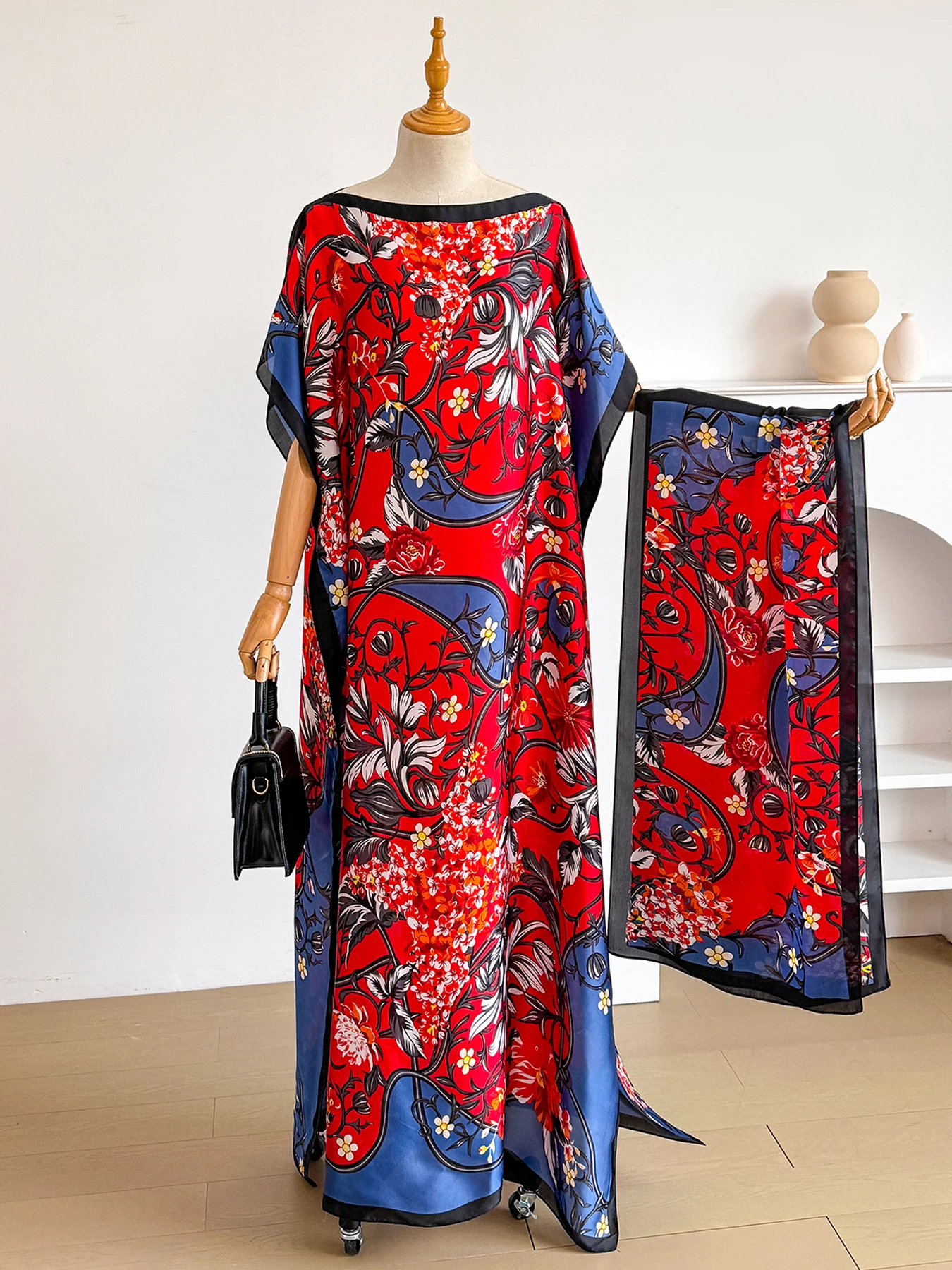 Ensemble Abaya et Foulard en Satin à Imprimé Floral Vintage, Kaftan Ample à Manches Chauve-Souris pour Femmes Musulmanes, Idéal pour l&rsquo;Été, le Quotidien, la Plage et les Vacances