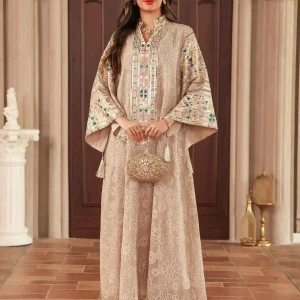 Nouvelle Abaya Islamique Modeste pour Femme, Robe Musulmane Multicolore Brodée et Pailletée Beige, Col Montant Élégant de Dubaï avec Pompon, Collection 2026