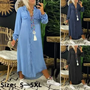 Robe en jean bleue à manches longues pour femmes, élégante, décontractée, mode vacances, printemps-automne, 2026